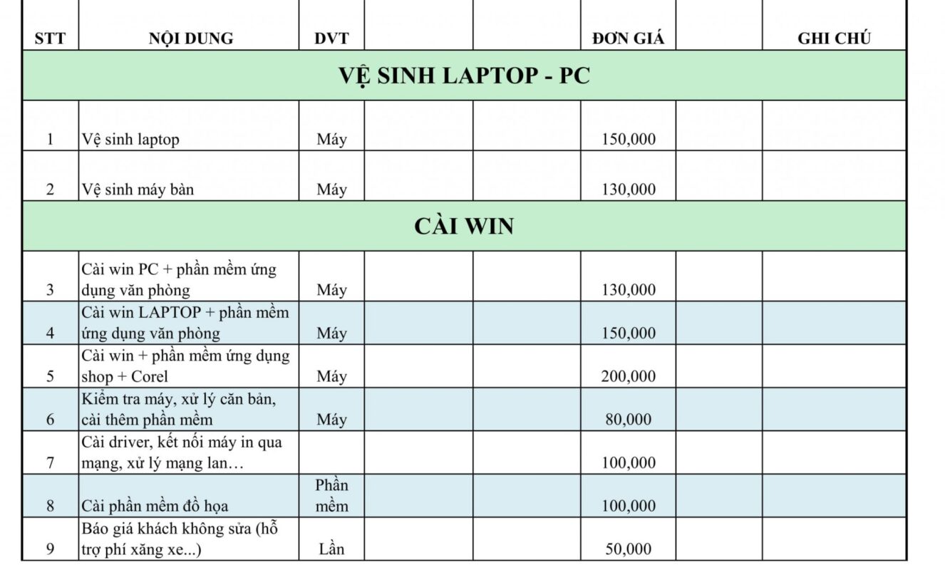 Bảng giá niêm yết 6