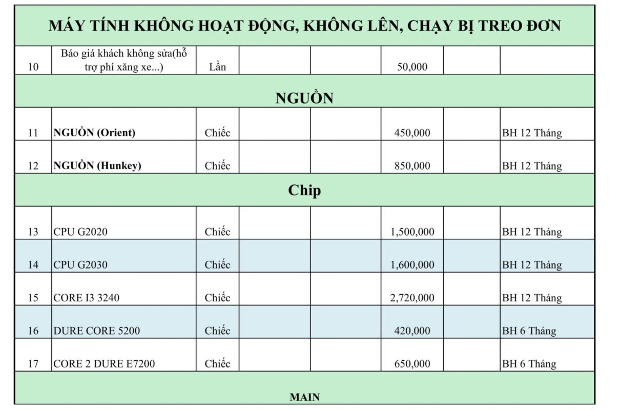 Bảng giá niêm yết 7