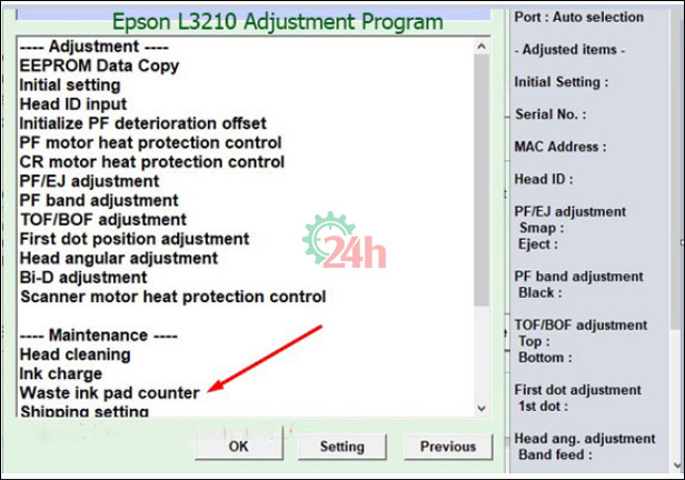 Tại Port: Chọn Epson L3210 series > Chọn Waste ink pad counter