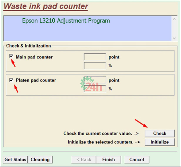 Tick vào Main pad counter và Platen pad counter > Check