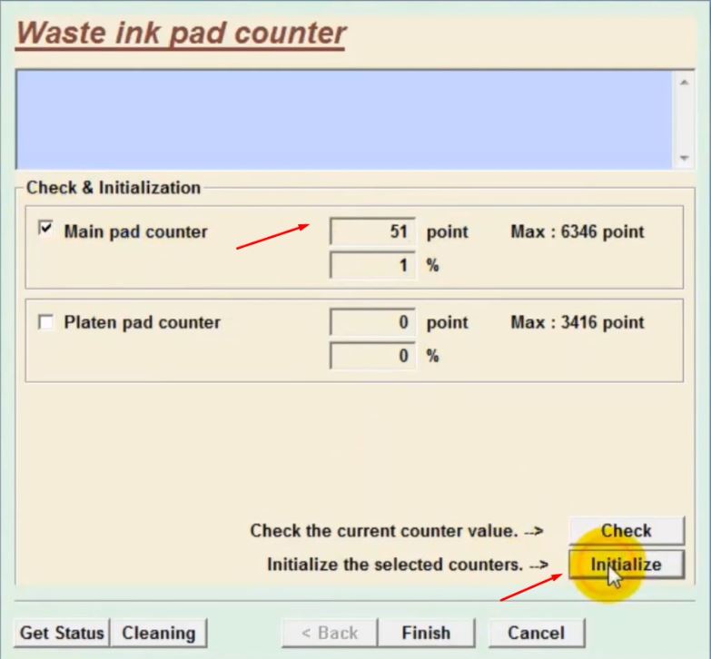 Các thông số sẽ hiển thị ra, bạn chỉ cần bấm thêm vào nút Initialize là máy tiến hành reset