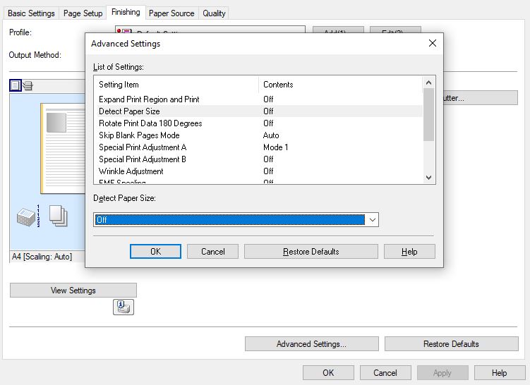 Chọn Detect Paper Size sang Off